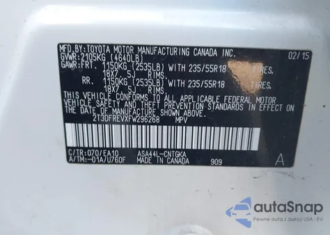 2015 Toyota Rav4 Limited from USA, damaged, VIN 2T3DFREVXFW296268
